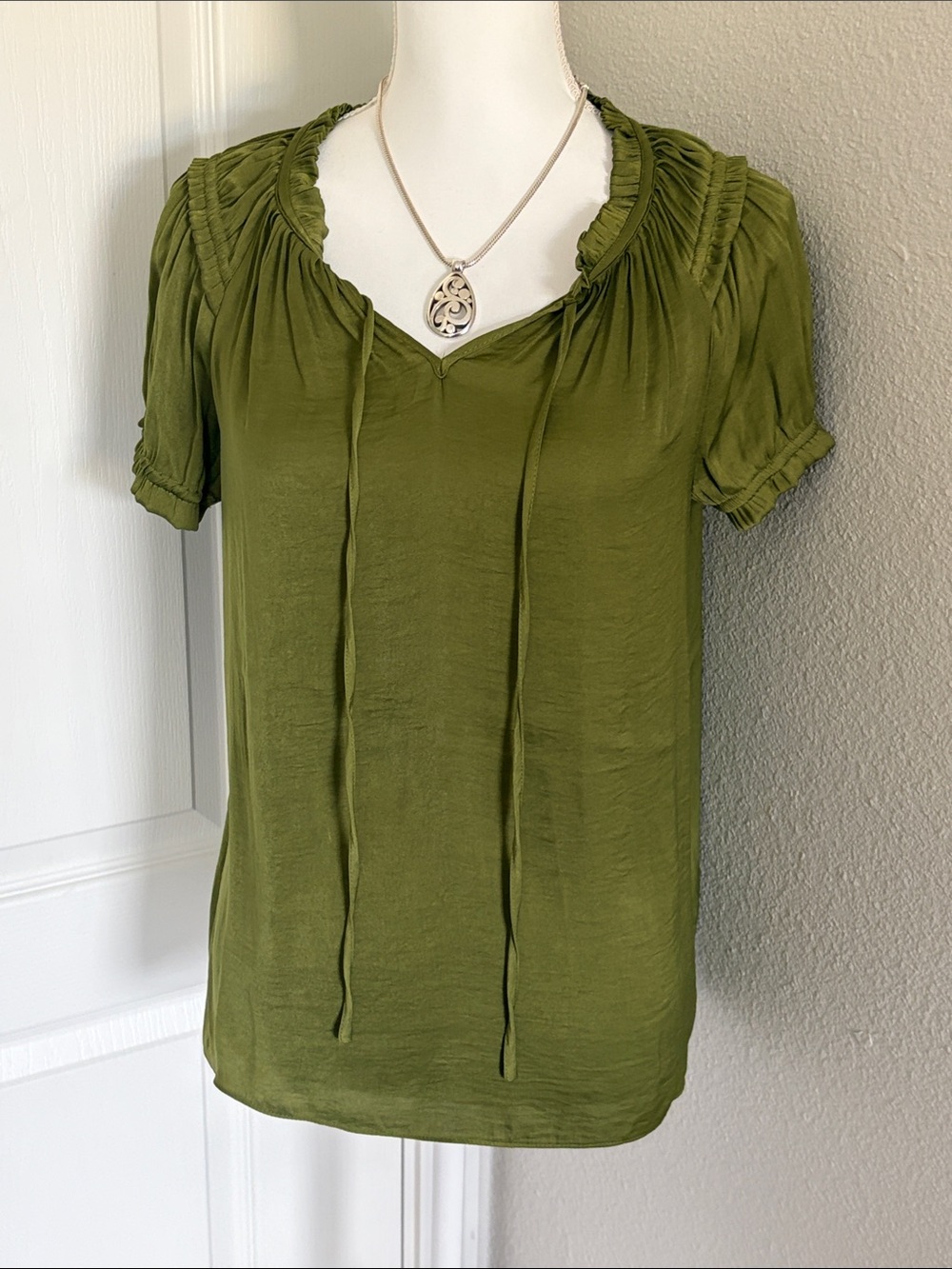 Olive Green Women's Peasant Tie-Neck Top